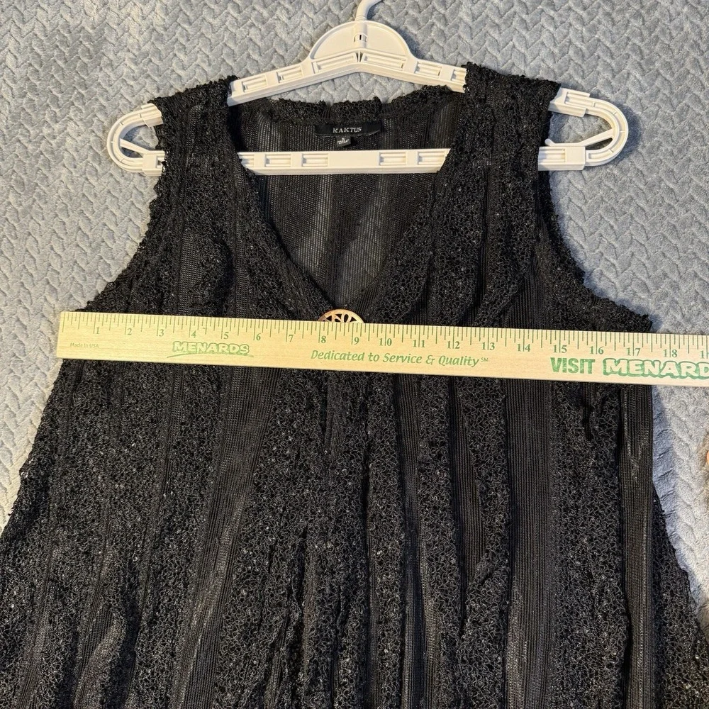 Kaktus Women's Vest Small Textured Sheer‎ Open Front Black Snap Button Lagenlook